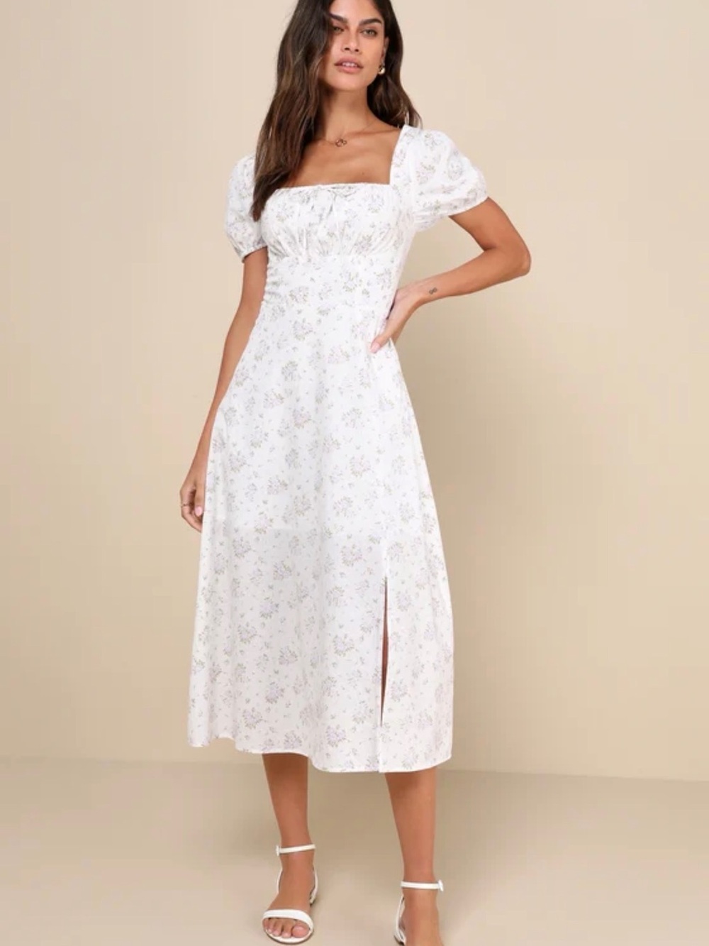 Lulu's White Floral Square-Neck Puff-Sleeve Midi Dress